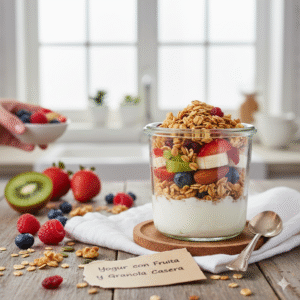 Yogurt con fruta y granola casera